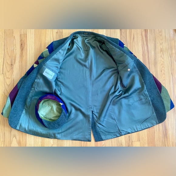 Vintage 80s Men's PATCHWORK Blazer Set 42/XL HOLBROOK Green Wool Quilted Jacket - Picture 7 of 9